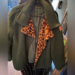 Green and leopard sherpa coat